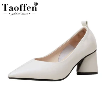 

Taoffen Real Leather Ladies Pumps Pointed Toe New Hot Sale Fashion Office Shoes Women Chunky Heels Shallow Pumps Size 33-40