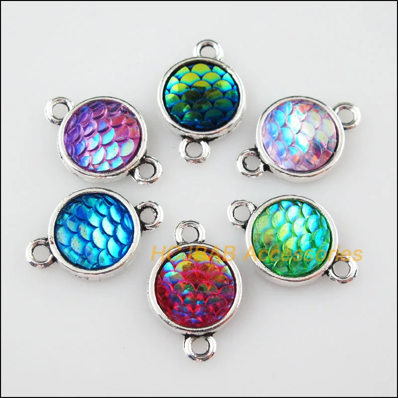 

18 Scales Resin Connectors Round Mixed Charms Tibetan Silver Pendant 12x19mm