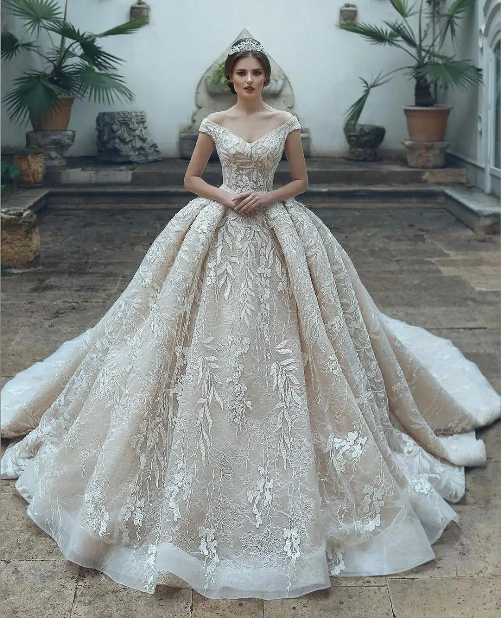Vestido de noiva винтажное бальное платье цвета шампанского, свадебные платья с кружевной аппликацией, свадебные платья, сексуальный v-образный вырез, свадебные платья