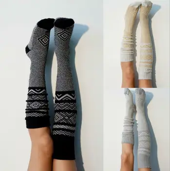 

Hot Autumn Womens Wool Blend Thick Sock Soft Knit Turn Up Striped Print Knee High Stockings Winter Warm Socks High Long Stocking