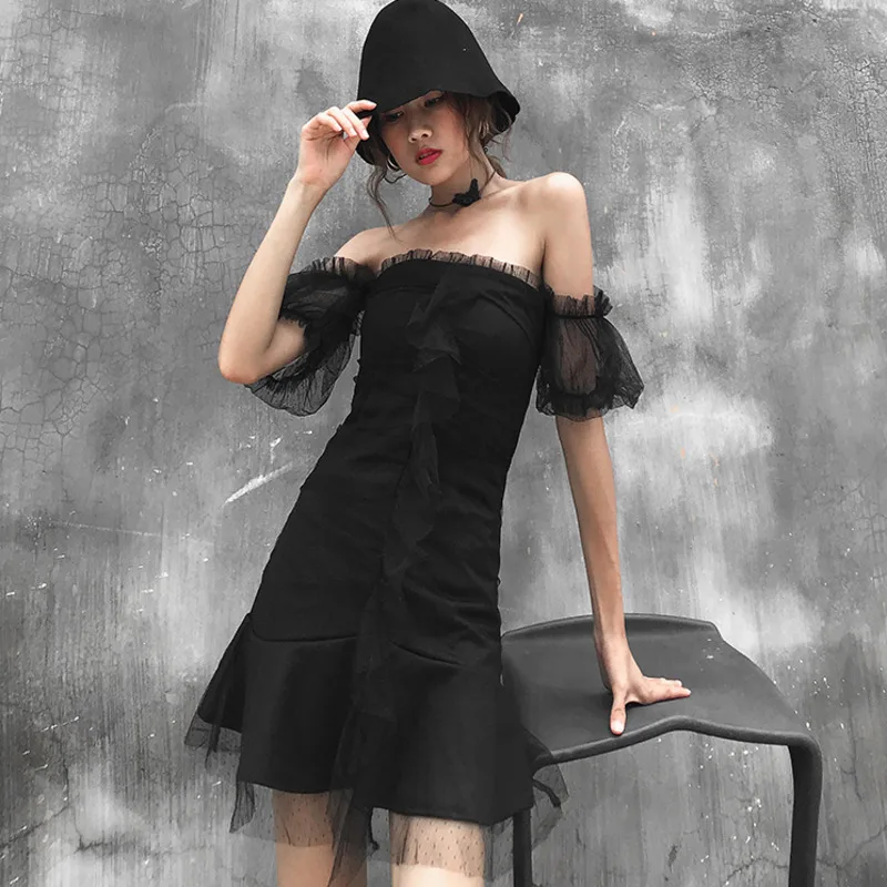 

LANMREM Black Word Collar Bubble Short Sleeve Stitching Mesh Folds Waist Woman Dress Casual Simple Fashion 2019 Summer New TV949