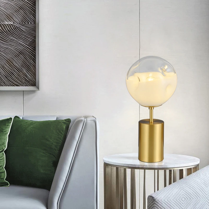 Nordic restaurant decoration LED lighting white gradient glass ball table lamp concave design brass bedside E27 bulb single head