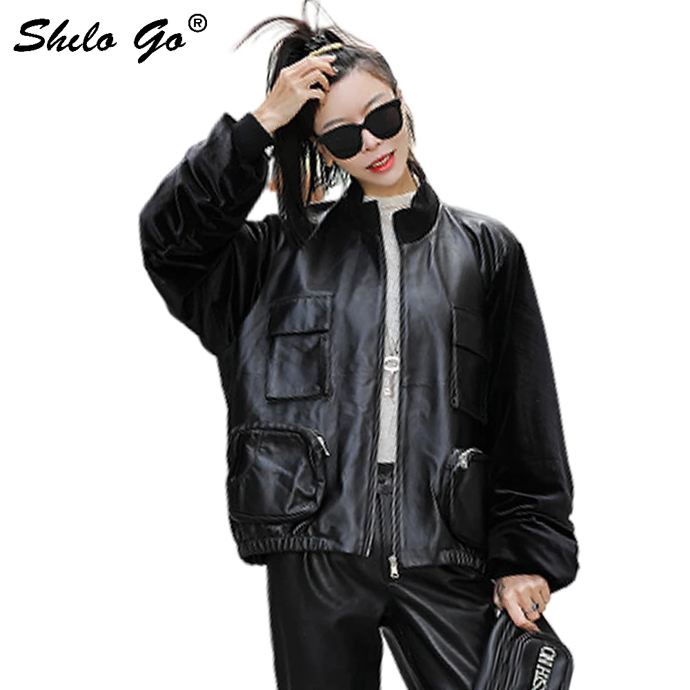 Genuine Leather Jacket Plus Size Mock Neck Safari Style Drop Shoulder Velvet Detail Sleeve Sheepskin Coat Women Casual Outwear