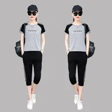 Летний корейский стиль, чистый хлопок, большой размер, облегающий крой, короткий рукав, Капри, брюки из двух частей, Женский Быстросохнущий костюм для бега, для отдыха