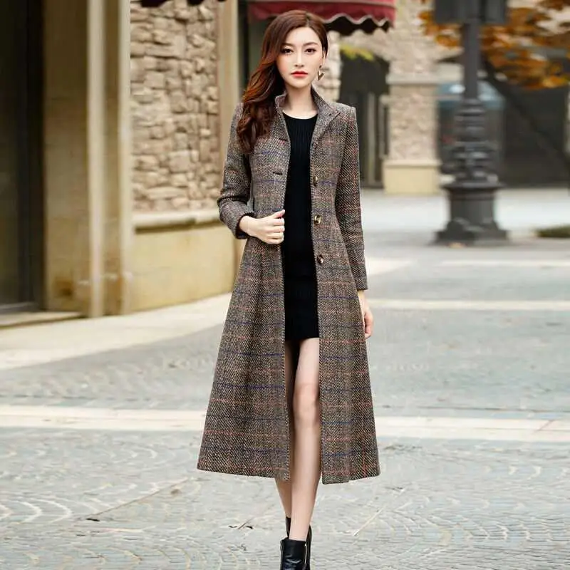 Модное клетчатое шерстяное пальто женское длинное корейское Новые осенне-зимние модели приталенное шерстяное пальто