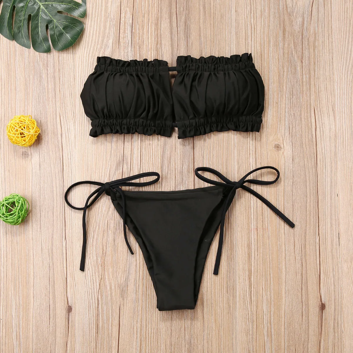 Beach Bikini Woman Sexy Pleated Lace Up Tie Strapless Solid Swimsuit Push Up Ruffled Bow Thong