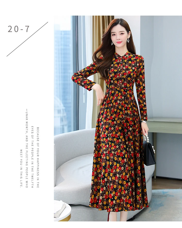 2021 Autumn New Arrival Hot Sale Stand Collar Flower Printed Long Sleeve Knitting Cotton A-LINE  Mid-Calf  Long Dress