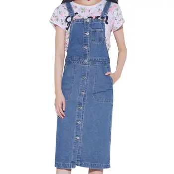 

Women Jeans Dress Spring Fashion Slim Spaghetti Strap Single Button Bleached Empire Pockets Denim Dress