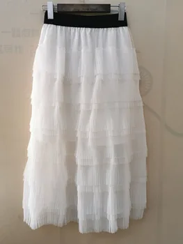 

Women's Mesh Layered Pleated Cake Skirt Spring And Summer Sweet Elastic Waist Wild Midi Skirt