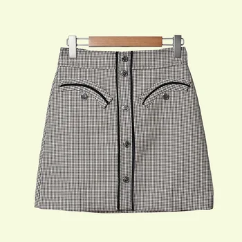 

Houndstooth Plaid Women's Mini Skirt Slim A-line Office Ladies Female Short Skirt With Buttons