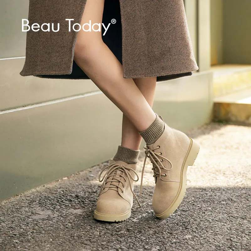 Ботильоны BeauToday женские из коровьей замши шерстяная пряжа с круглым носком на