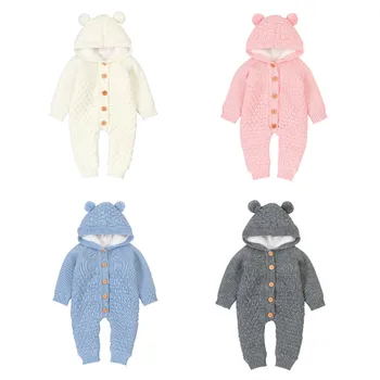 

2020 Autumn Winter Infant Baby Long Sleeve Jumpsuit Fashion Solid Color Hooded Single-breasted Thicken One Piece Long Pants