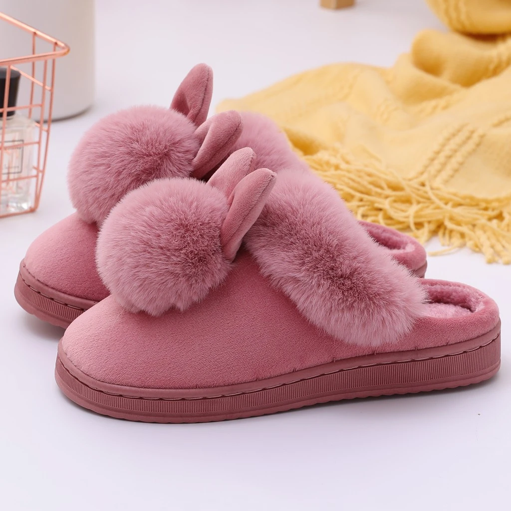 SAGACE Women House Slippers Plush Winter Warm Shoes Home Furry Rabbit Ears Indoor Slippers Soft Comfort Footwear Shoe 1128
