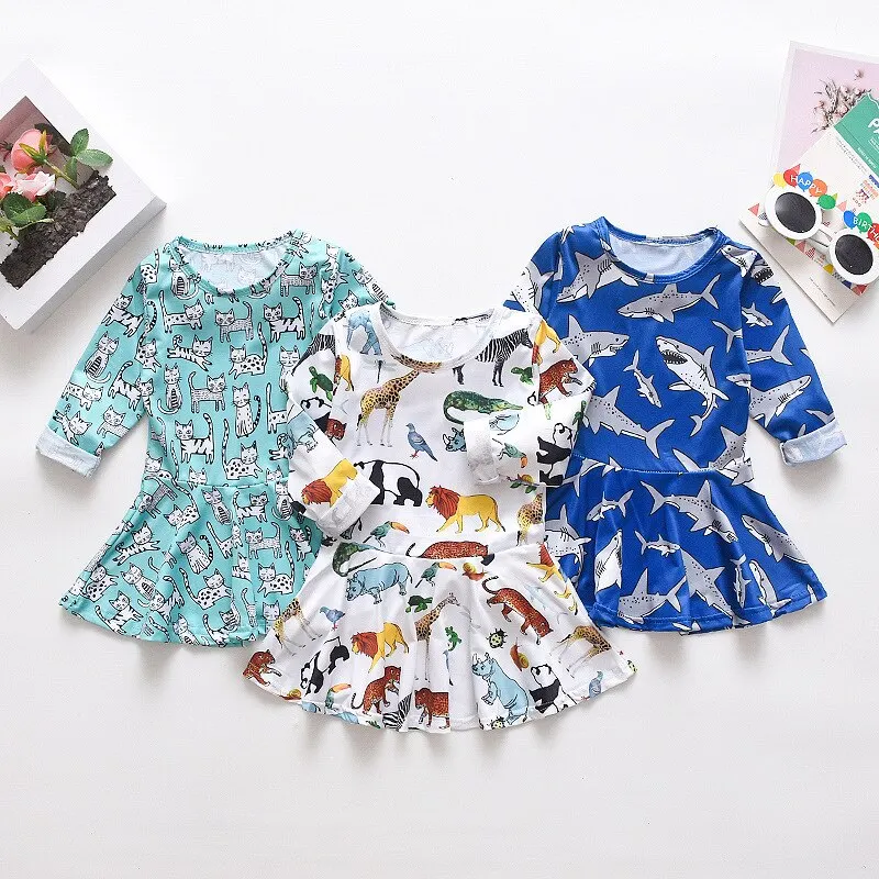 

CYSINCOS Baby Girls Dresses New Autumn Fashion Children Cotton Long Sleeve Clothes Baby Christmas Dinosaur Shark Princess Dress