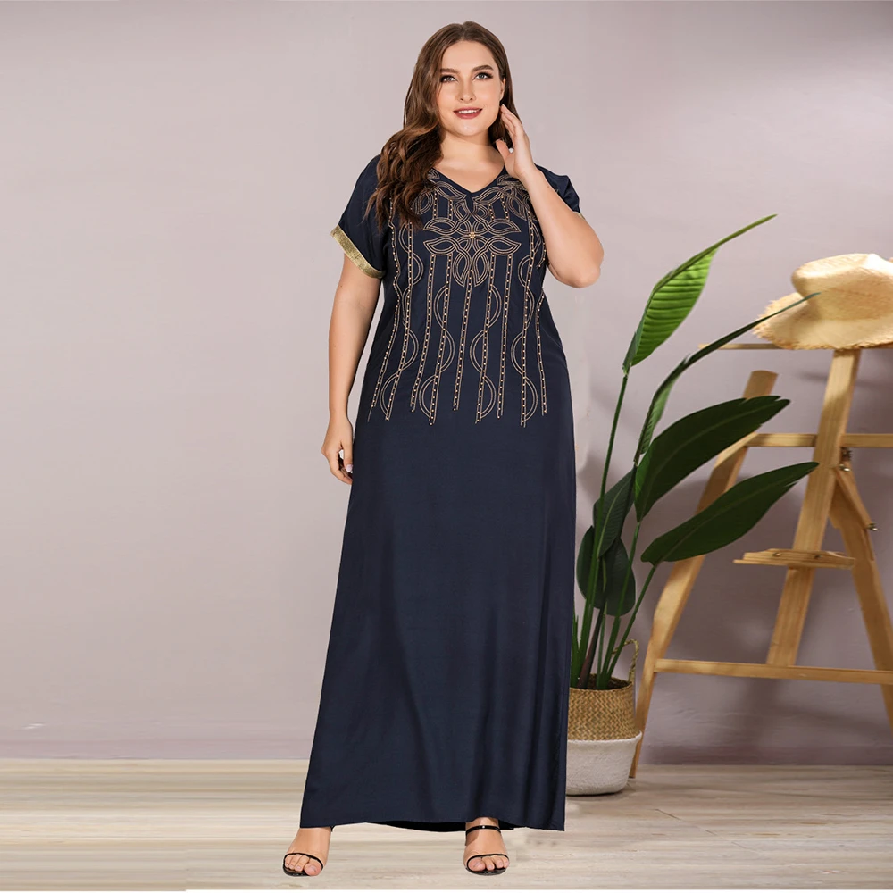 

Women Maxi Muslim Dress Vintage Abaya Dubai Ethnic Casual Plus Size Embroidered Beaded Loose Female Kaftan Islamic Clothing