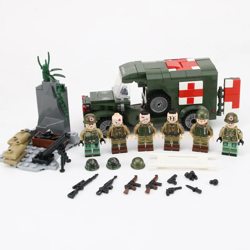 MOC WW2 армии США раненный солдат строительные блоки военные кубики для скорой помощи оружие кирпичи части строительные блоки игрушки для детей - Цвет: A