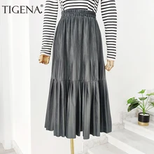 Женская плиссированная юбка максиTIGENA, длинные юбка из бархата с высокой талией для женщин на осень-зиму