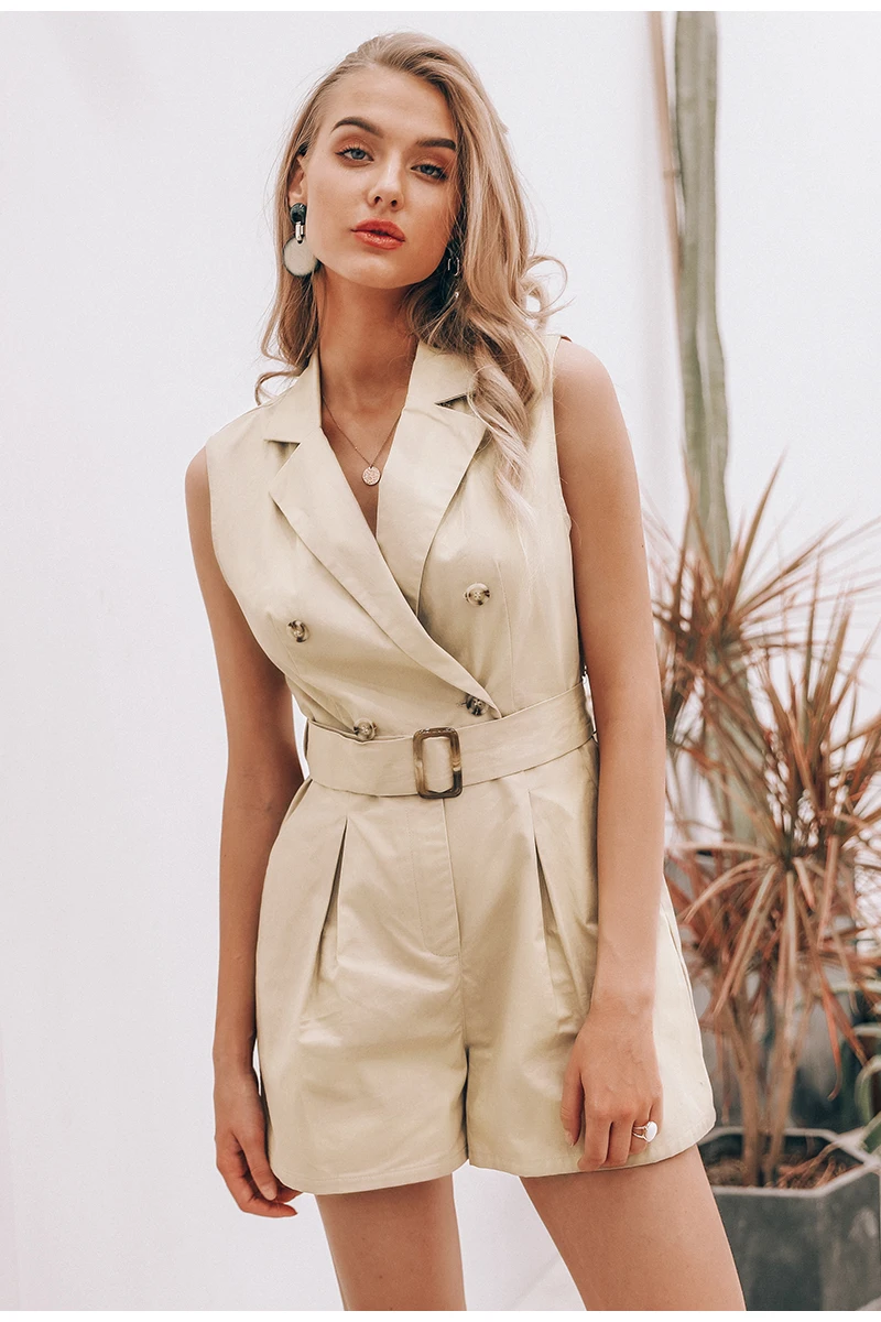 Sexy Elegant Jumpsuit women Belt Khaki Cotton Ladies Jumpsuits Summer Pocket Button Zipper Romper Short Office Overalls