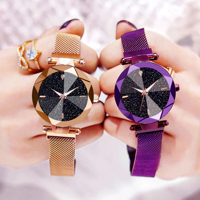 

2019 New Luxury Female Watch Magnet Stainless Steel Mesh Strap Women Quartz Watches Fashion Starry Sky Dial Ladies Wristwatches