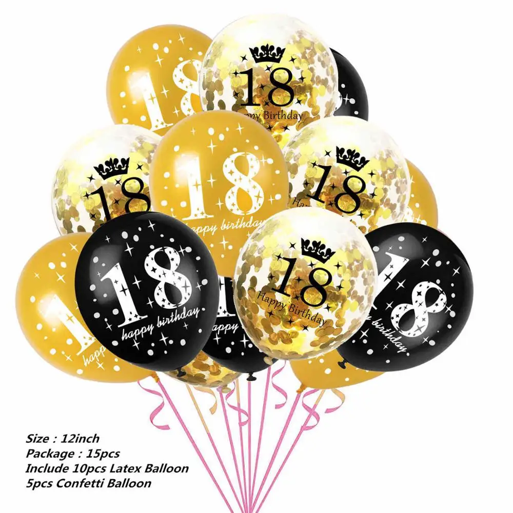Black/Gold Party Decorations Hello 21th/30th/40th Birthday Party Supplies Wedding Decor Disposable Tablecloth Plates Cups - Цвет: 15pcs balloon 18