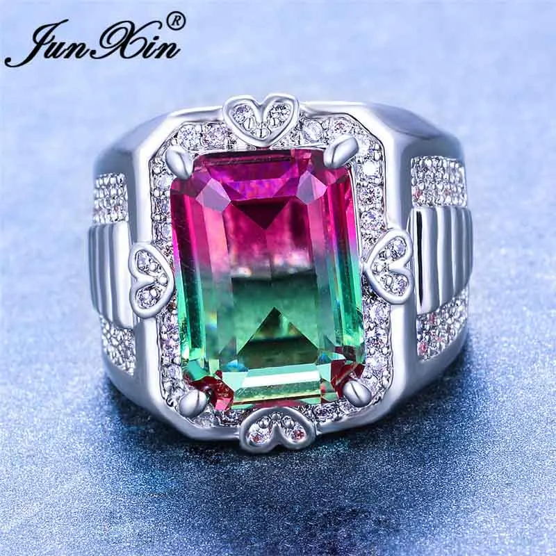 Rose Red Green Ring Boho большие прямоугольные кольца для мужчин и женщин серебряного цвета Белое золото кольцо зеленые красные голубые кристаллы Обручальное кольцо ювелирные изделия - Цвет основного камня: Rose Red Green Ring