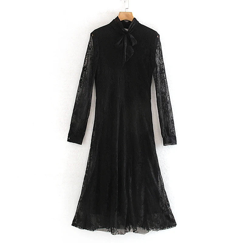 

AGong Lace Hollow Out Dresses Women Fashion Bow Solid Dress Women Elegant Long Sleeve Ankle Length Dresses Female Ladies KF