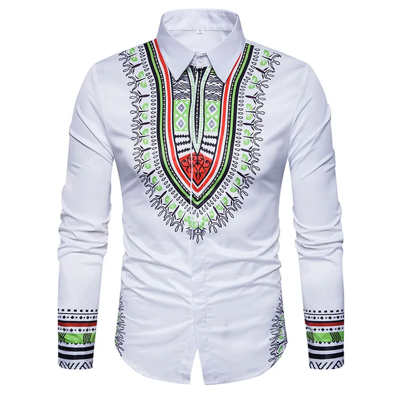 Белая африканская Мужская рубашка с принтом Дашики Camisa Masculina осень 2019 новинка