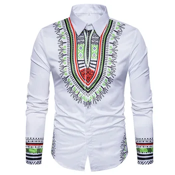 

White African Dashiki Print Shirt Men Camisa Masculina 2019 Autumn New Mens Streetwear Casual Dress Shirts Tuxedo Shirts Male