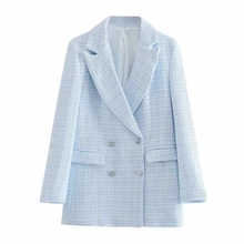 Veste de costume à col cranté pour femme, Blazer à carreaux, Double boutonnage, poches, vêtements d'extérieur décontractés pour le bureau, printemps automne 