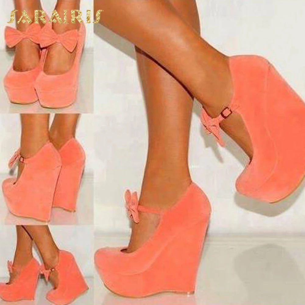 

Sarairis New Fashion 2020 Plus Size 47 Flock Wedges High Heels Concise Pumps Woman Shoes Buckle Strap Bowtie Shoes Women Pumps