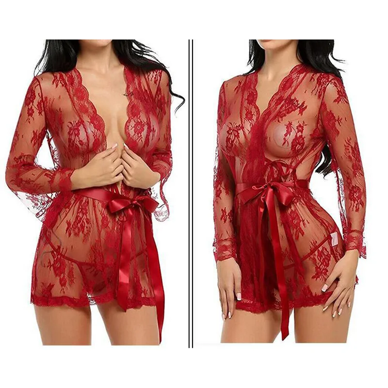Женская Анальная пробка, размер, кружевное ночное мини-платье, комплект для женщин, длинный рукав, ночное белье, ночная рубашка, спа, летний сексуальный халат, ночные рубашки - Цвет: Red