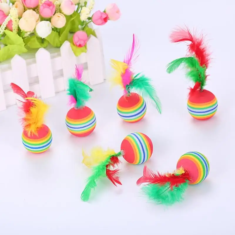 Cat Interactive Toy Funny Rainbow Toy Balls with Feather Cat Toys Play Chew Kitten  Cat Teaser Toy Pet Supplies Training Toys