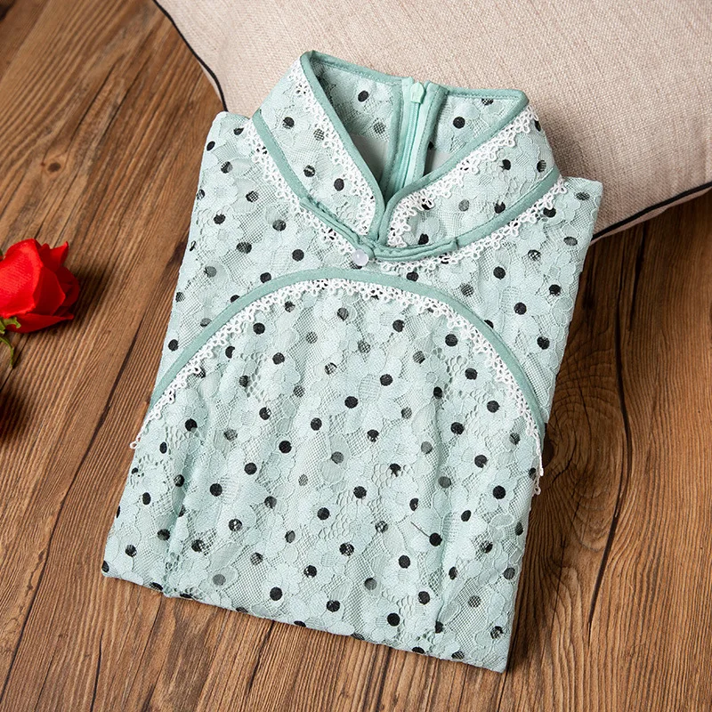

Cheongsam nian qing kuan GIRL'S Lace Polka Dot Literature And Art Retro Daily Life Modified Version Autumn New Style Dress 90505