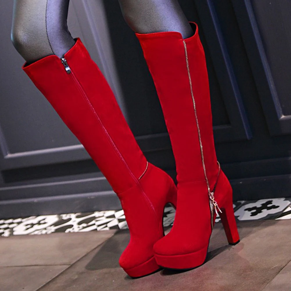Fashion Plus Size 32-47 Zip Decoration Platform 12cm Super High Square Heels knee-high Zip Boots For Ladies