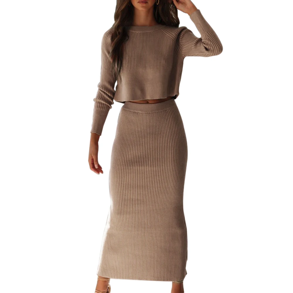 Dark Apricot Vertvie Autumn Two Piece Sets Knitted Elegant Tracksuits Female Casual Warm White Sweater Skirts Sexy Lady Winter Suit Sets 2Pcs - Цвет: Dark Apricot