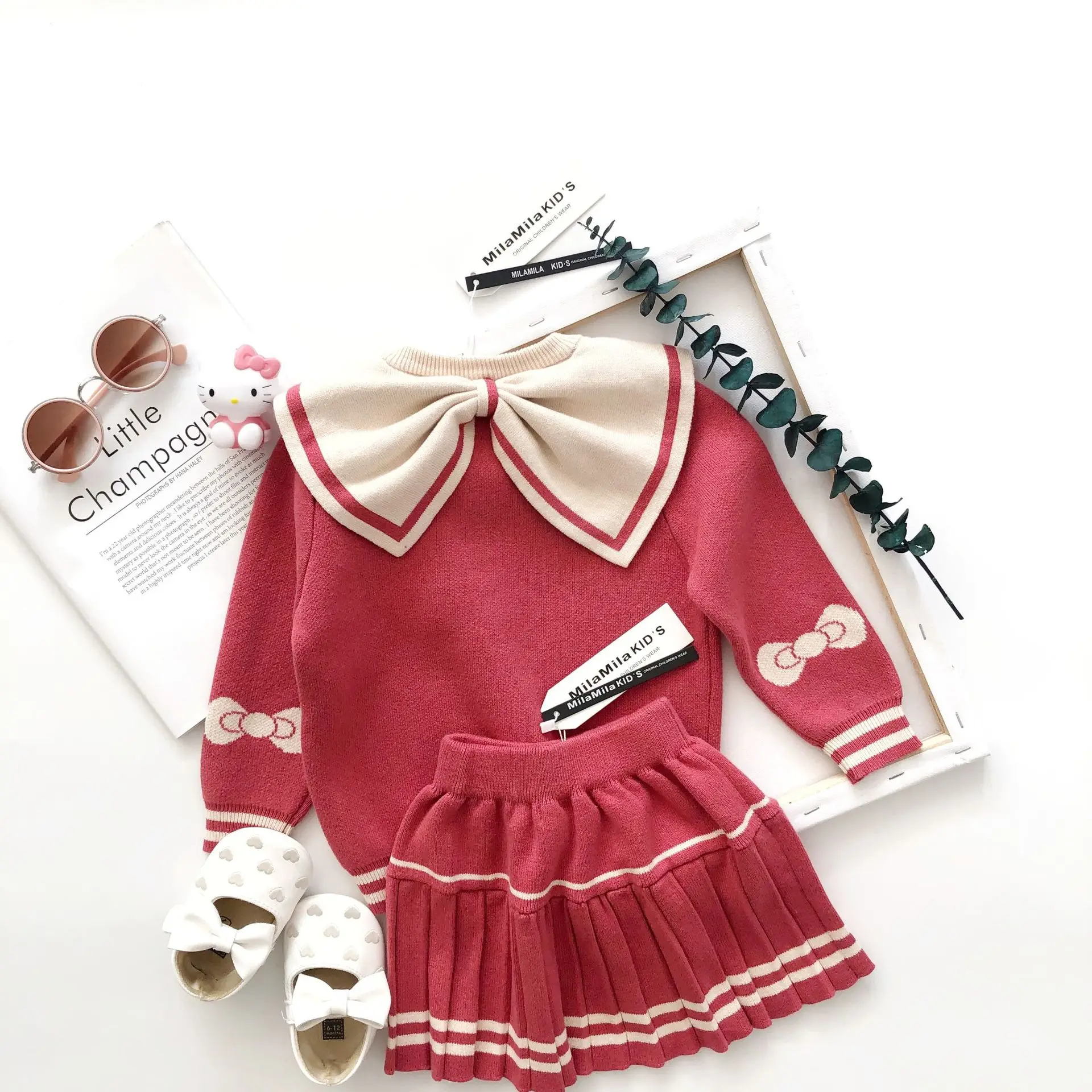 Tonytaobaby/осенне-зимние платья; новые детские платья; розовый вязаный свитер с рисунком для девочек; костюм для маленьких девочек; зимняя одежда