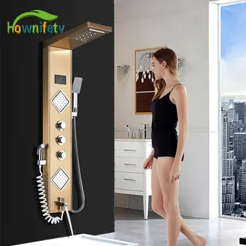 

Luxury gold Brushed blac Shower Column Faucet Led Light Bathroom Bath Shower System SPA Massage Sprayer Temperature Screen Show