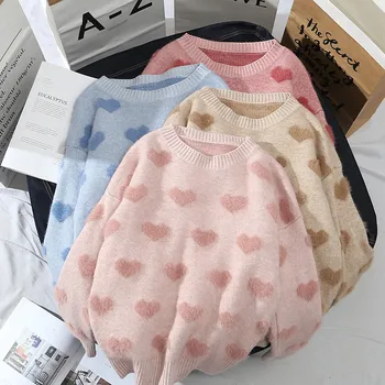

sweet women heart sweaters girls students heart pullovers femme woman heart knitted sweaters