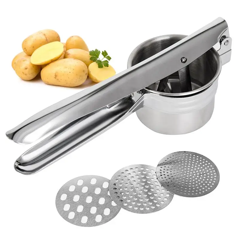 Stainless Steel Potato Ricer Garlic Presser With 3 Interchangeable Disks Fruit Masher Food Press Potato Masher Kitchen Gadget Stainless Steel Potato Ricer Garlic Presser With 3 Interchangeable Disks Fruit Masher Food Press Potato Masher Kitchen Gadget
