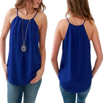 

1 Pcs Women Summer Halter Round Neck Chiffon Shirts Fashion Sexy Irregular Tops Sleeveless Casual Tee Tops