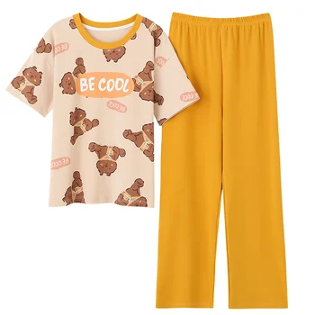 

New Cartoon Printing Homesuit Homeclothes Fashion Style Crew Neck Short Sleeve Long Pants Loungewear Women Pj Set Pajamas Set
