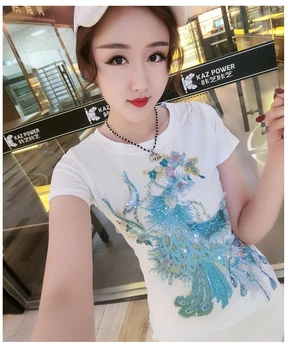 

2020 Summer New Short Sleeve T-shirt Women's Embroidered Seuqins White Tee Tops Women's Slim All-match T-shirts Girls Tees Top