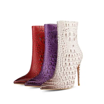 

2020 Stereoscopic Faux Crocodile Skin Fashion Ankle Boots Women Thin High Heel Pointed Toe Zipper Shoes Autumn Winter Boots