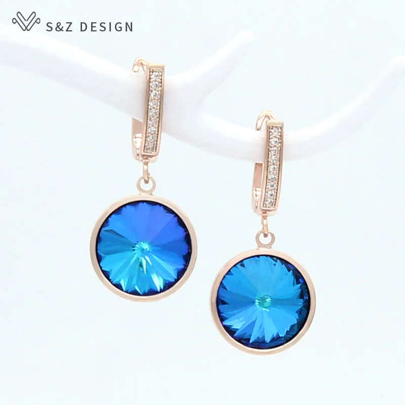 S&Z DESIGN New Luxury Elegant Colorful Round Crystal Dangle Earrings For Women Wedding 585 Rose Gold Color Jewelry