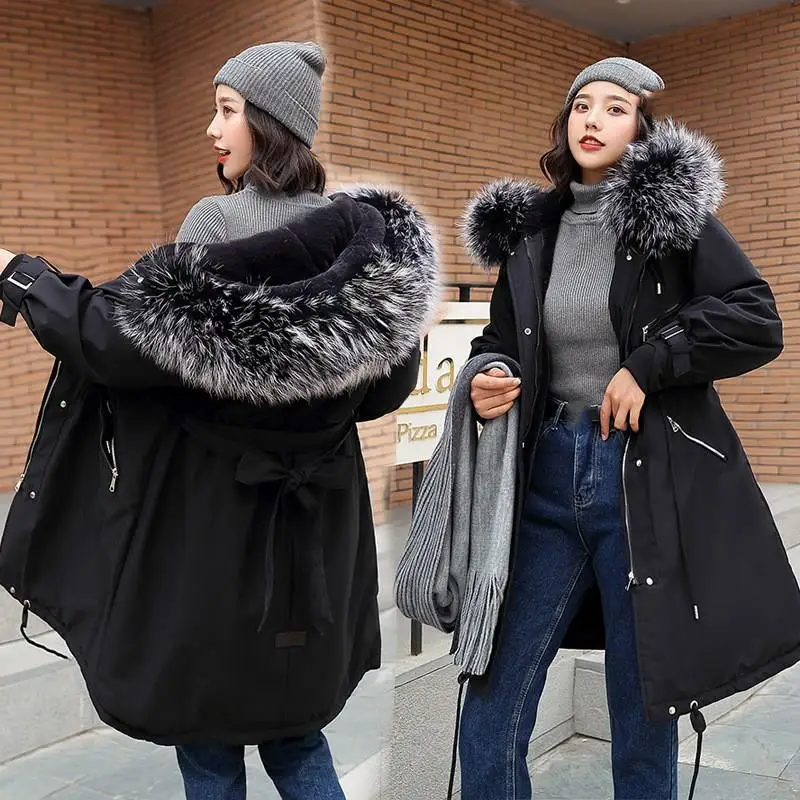 Женское зимнее длинное пальто размера плюс, Драпированное теплое бархатное утепленное пальто из искусственного меха, Женская однотонная парка с большим карманом, верхняя одежда