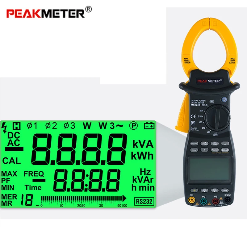 PEAKMETER MS2203 True RMS Digital Clamp Meter Professional 3Phase Auto