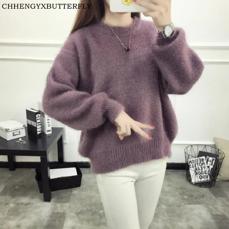 

One Size Women Mohair Sweater Warm Casual Round Collar Pullovers Winter Thicken Tops
