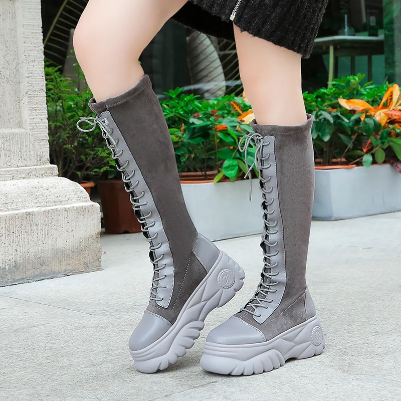 Women Platform Knee High Boots 6.5 Cm Lace-up Platform Boots Ladies New Winter Keep Warm Waterproof Women Shoes Black Gray