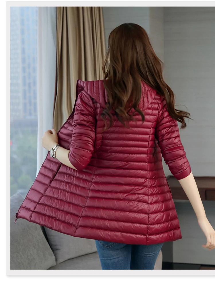 Winter Long Sleeve Thin Mid-length Slim Fit White Duck down Jacket Fashion Elegant Korean-style Cotton Overcoat