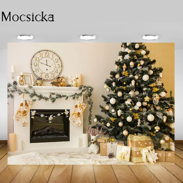 Mocsicka Christmas Living Room Backgrounds Christmas Tree Fireplace Garland Xmas Backdrop Decorations Newborn Photography Props Style-13